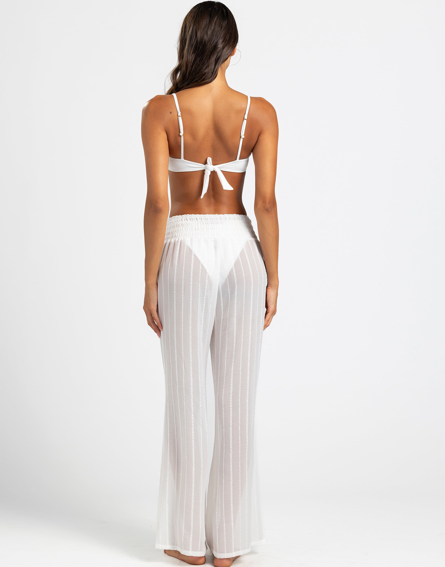 Evelyn Pant White With Sheer Fabric And Subtle White Stripe Contrast, Wide Elastic Band For Comfort And Flattering Fit Beach Bunny Swimwear